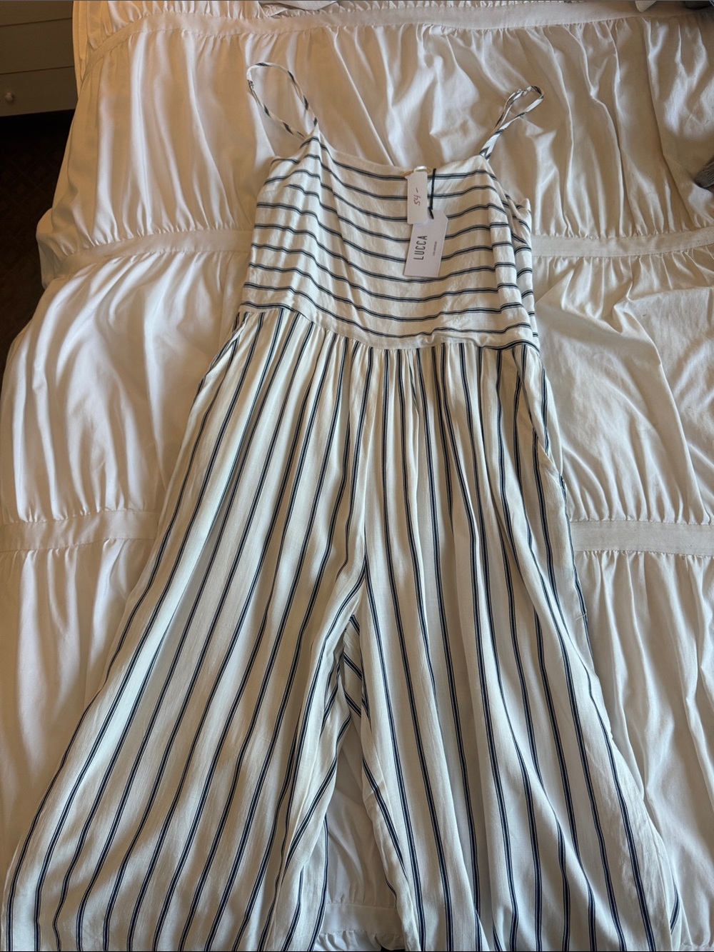 LUCA White & Navy Striped Spaghetti-Strap Jumpsuit